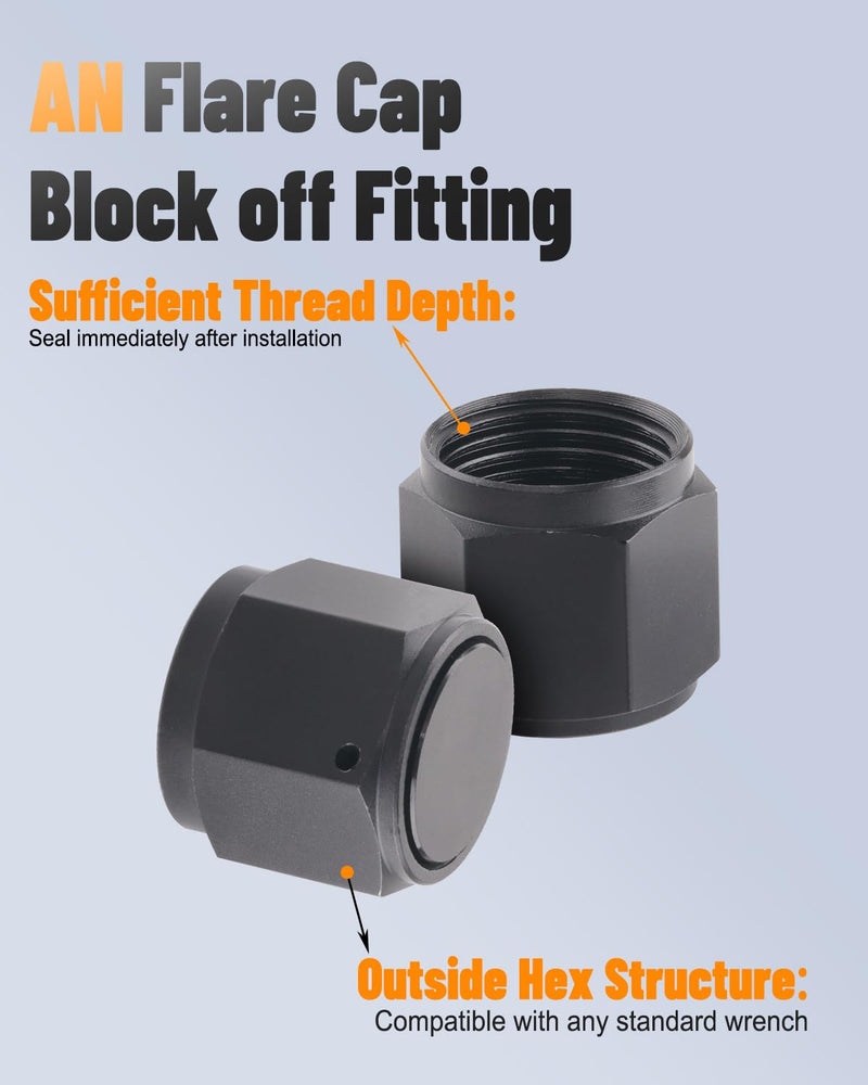 6 Pcs 6AN Flare Cap Block off Fitting Plug, 6AN Female Flare Cap Aluminum Alloy Heavy-Duty Hex Adapter Black Female Cap