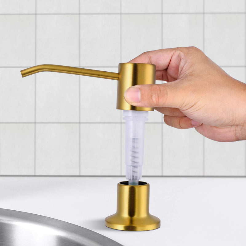 SAMODRA Soap Dispenser for Kitchen Sink, Premium Stainless Steel Pump Head 17 OZ Bottle 3.15 Inch Threaded Tube for Granite Thick Deck Installs (Brushed Brass) Gold