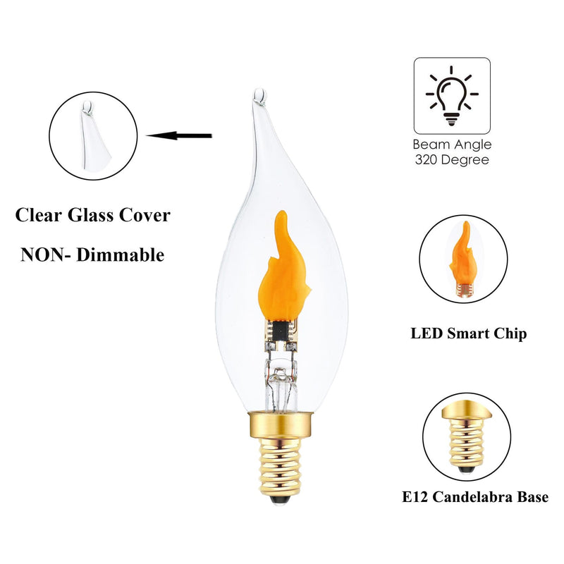 Sunaiony Flickering Flame Light Bulbs, E12 LED Flicker Candelabra Flame Effect Light Bulb for Decoration, Clear Glass CA11 Shape, 6 Pack