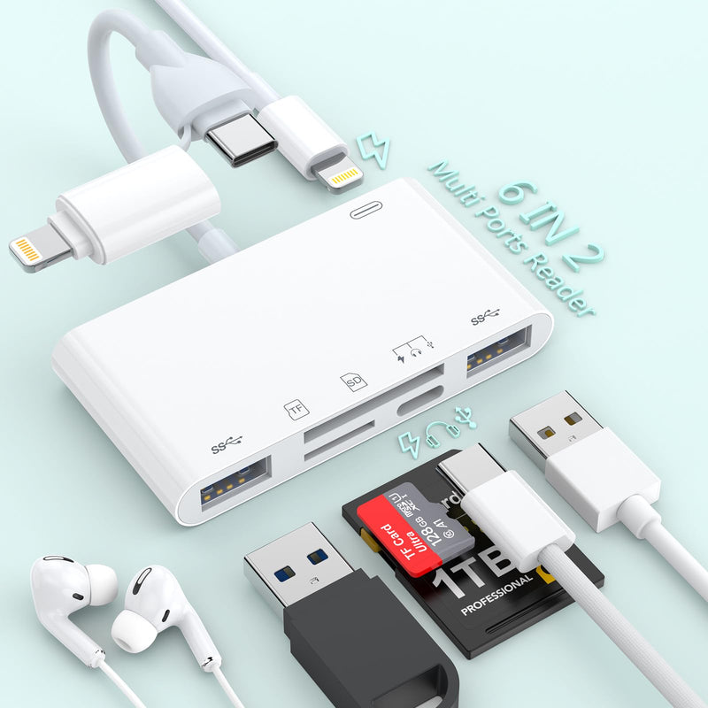 SD Card Reader for iPhone iPad, 8-in-1 Lightning to USB Adapter with SD/TF Card, Type C Audio Adapter/PD60W Lightning Charging, 2*USB OTG Memory Card Reader for iPhone15/14/13/12,Samsung Plug and Play