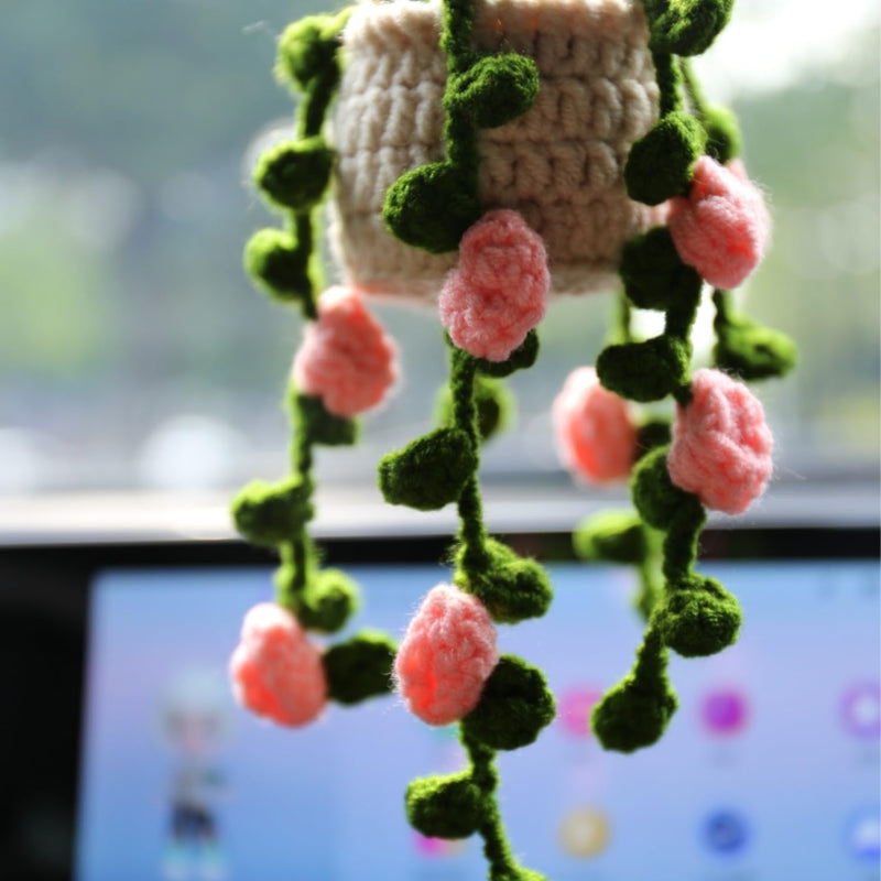 GZPCXMZ Boho Car Plant Crochet Hanging Accessories Crochet Plants for Car Rear View Mirror Cute Car Pink Plants for Women (002)