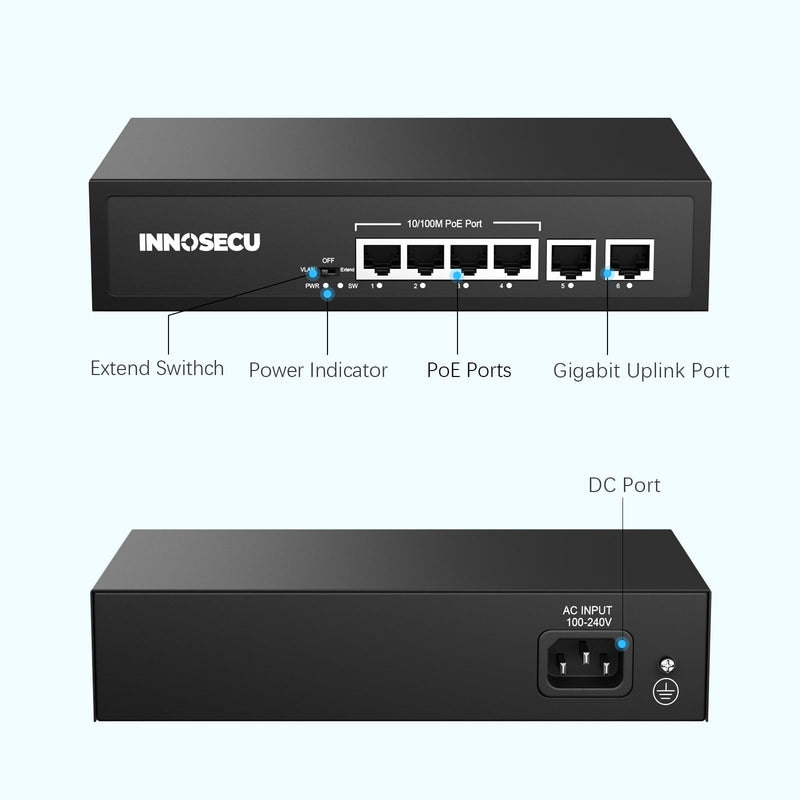 4 Port PoE Switch,Unmanaged,30W Per Port,Total Budget 65W, 10/100Mbps PoE+ Ethernet Switch with 2 Megabit Uplink Ports,803.af/at Compliant, Supports VLAN/ Extend 250m / Watchdog, SCHAF0420