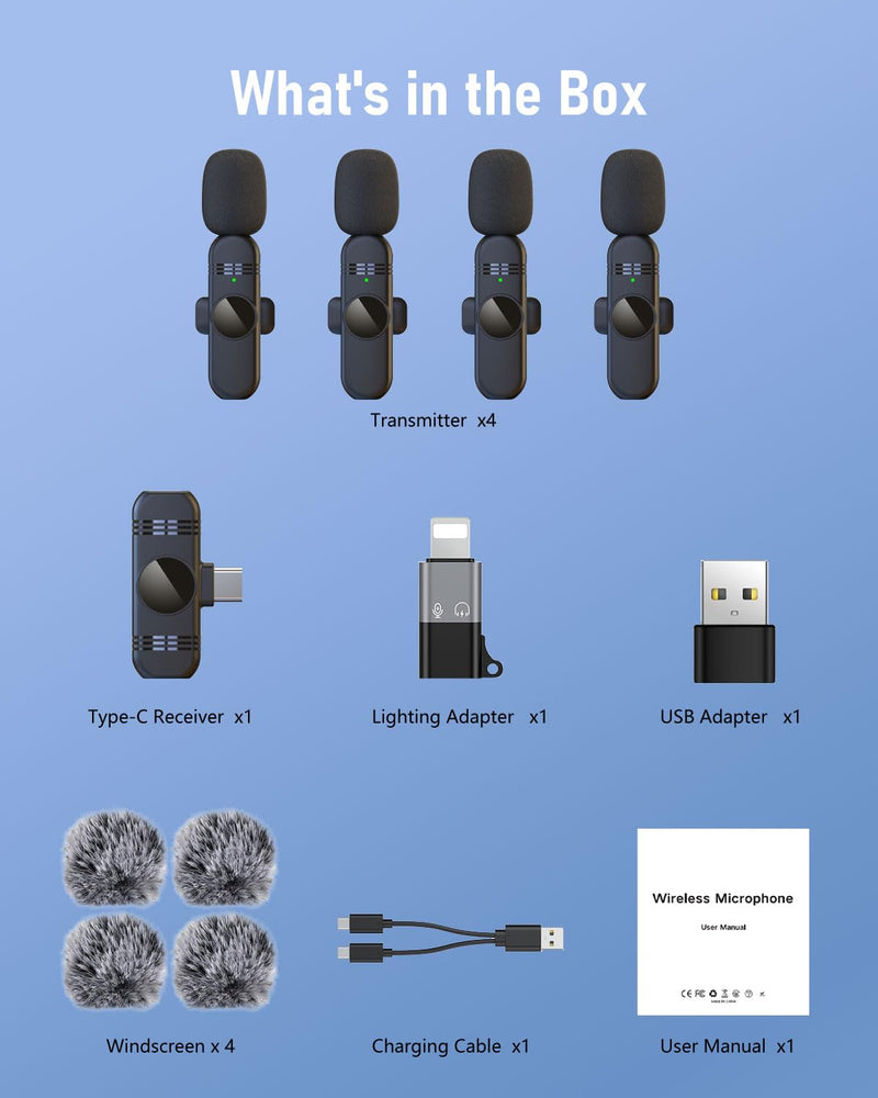 4 Mini Microphone Wireless Microphones Systems for iPhone Android Phone Pad Computer, Pro Clip On Small Lavalier Lapel Mics Tiny for Content Creators Video Recording Vlogging, 48KHz 24Bit