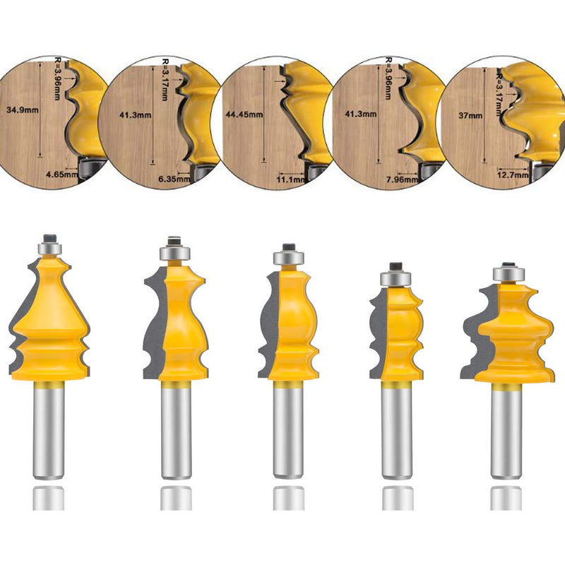 LEATBUY Router Bit Set 5 PCS 1/2-Inch Shank Architectural Molding Corner Round Edge Door Cabinet Shelf Wood Table Woodworking Mill Cutter Tool, Carbide CNC Router(PB7) PB7