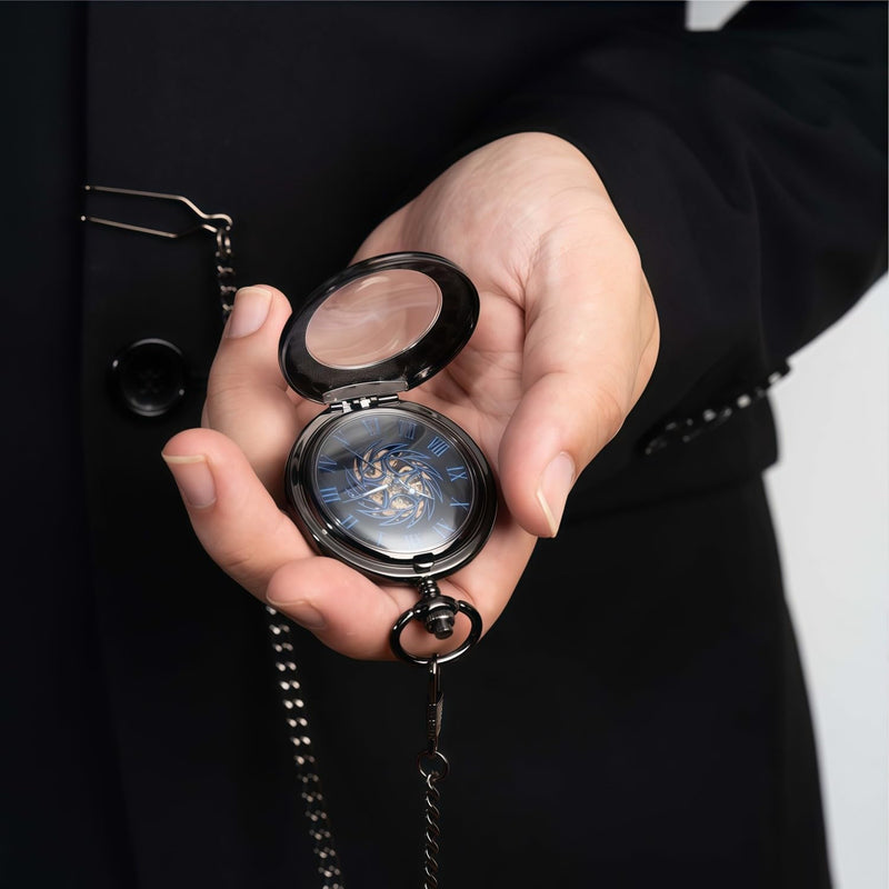 Mechanical Pocket Watch, for Men Women Special Magnifier Half Hunter Engraved Case Roman Numerals with Chain Bc. Sun-God-Bird, Black Blue