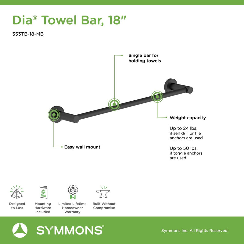 Symmons 353TB-18-MB Dia 18 in. Wall-Mounted Towel Bar in Matte Black