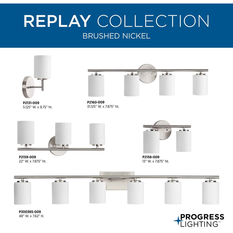 Progress Lighting Replay Collection 1-Light Etched White Glass Modern Bath Vanity Light Brushed Nickel, E26