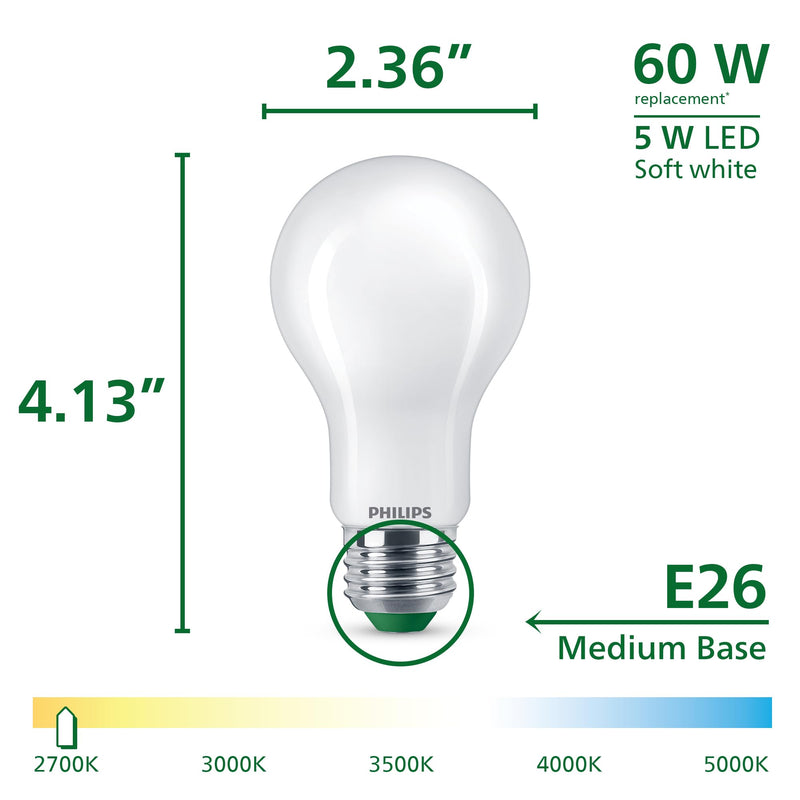 Philips LED 60W A19 12-Pack Ultra Efficient Soft White (5W = 60W) Dimmable Clear Flicker-Free Light Bulb