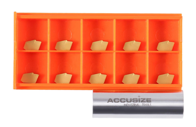 Accusize Industrial Tools Cut-Off Tool Holder, GTN-2, 2403-2003x10 | 0° Lead Angle, GTN-2 TiN Coated Carbide Grooving Parting Inserts, 10 Pcs/Box, 6103-2002x10, for Cutting Steel For Steel