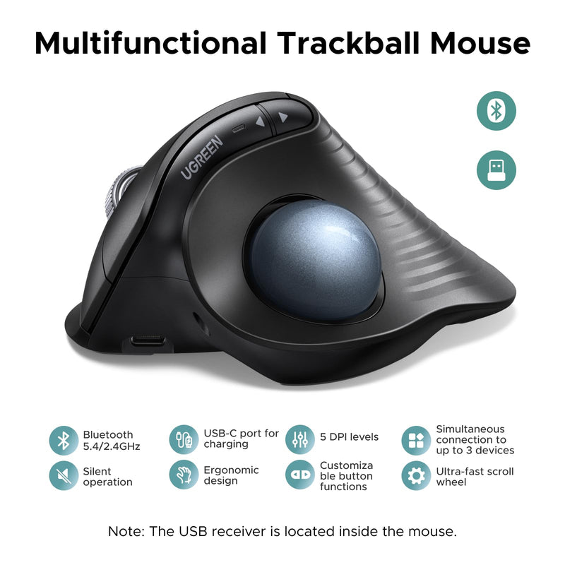 UGREEN M785DR Wireless Trackball Mouse, Bluetooth & 2.4G, Thumb Control | Rechargeable, Precise and smooth tracking, 3 Devices Use, 4D Scroll Wheel, 5 DPI Levels, Compatible with PC Mac Windows