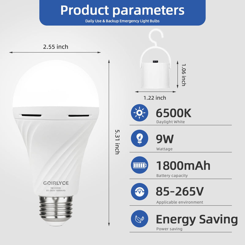 6 Pack Rechargeable Emergency Light Bulbs, Battery Powered LED Light Bulb with Daylight 9W E26 6500K 1500mAh for Home Power Outage Hurricane Blizzard Hiking Camping 6-pack Cool White