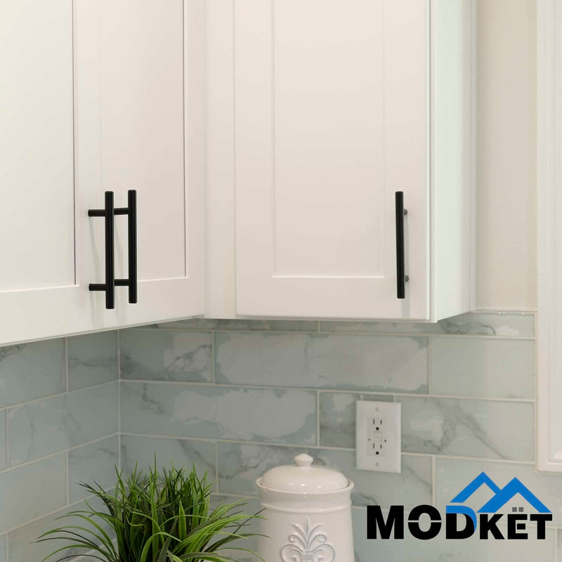 Modket Euro Round Cabinet Handles Pulls 304 Stainless Steel — 6" Overall Length, 3-3/4" (96mm) Hole Centers, Matte Black— 10-Packs 6" Length (3-3/4" [96mm] Hole Center)