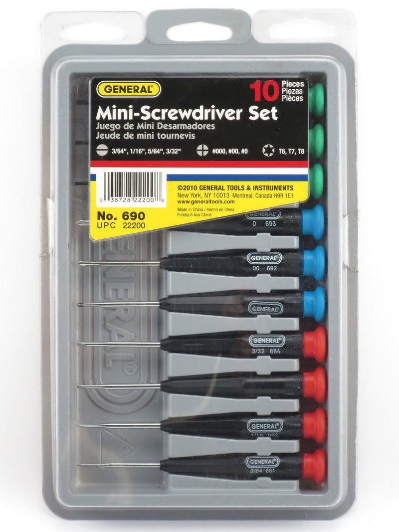 General Tools 690 Precision Screwdrivers, Set of 10, Color-Coded Slotted, Phillips and Torx Bits with Swivel Heads, Organizer Case