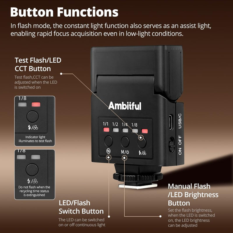 Ambitful AF10 Mini Camera Flash, Rechargeable Manual Speedlite | 90 tilt head, LED continuous light, USB-C charging, single-contact hot shoe for Sony Canon Nikon Fuji Ricoh