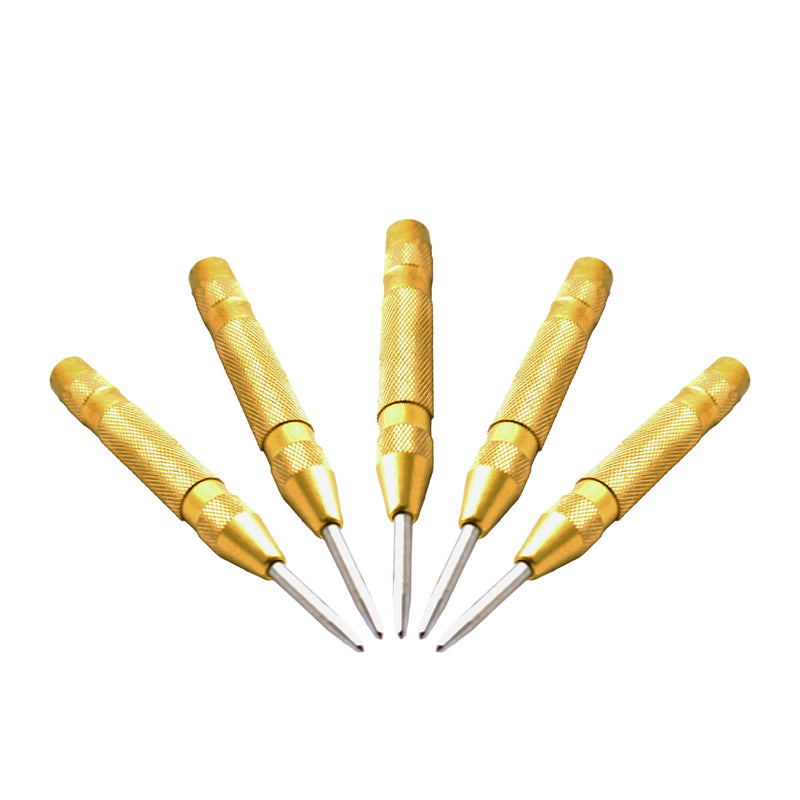 TEMO 5 pc Heavy Duty Automatic Center Punch, 5 Inch Premium Steel Spring Loaded Automatic Center Hole Punch for Metel, Plastics, Wood, Glass Count of 5