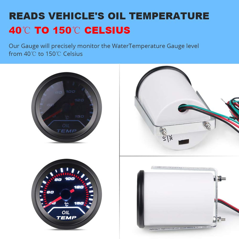 WATERWICH Oil Temperature Gauge Kit with Electronic Sensor-Black Dial 40-150 Celsius 2" 52mm DC 12V Oil Temp Gauge Meter for Car Truck Vehicle Automotive Marine