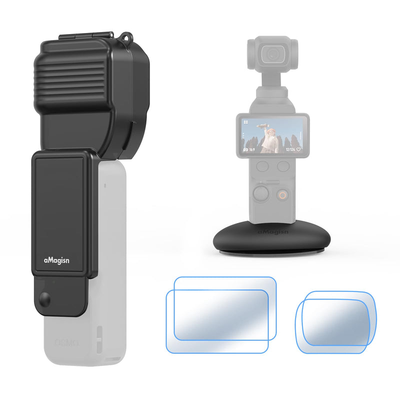 All-in-One Protective Kit for DJI Osmo Pocket 4, Silicone Stand Base with 2 Pack Tempered Glass Screen & Lens Protector and Hard Gimbal Protective Case for Travel, Daily Volgs