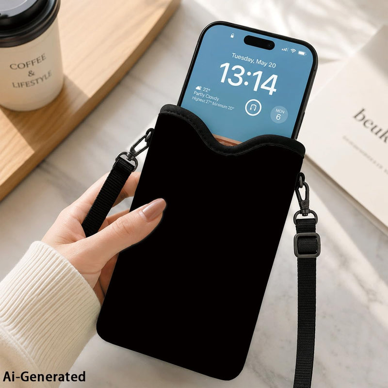 Neoprene Phone Sleeve Pouch Case Bag for Women Men with Crossbody Strap, 7.1x3.9 in, Shockproof Mobile Protection Case Bag with Neck Lanyard, Fits Most Phones, Classic Black Color 01