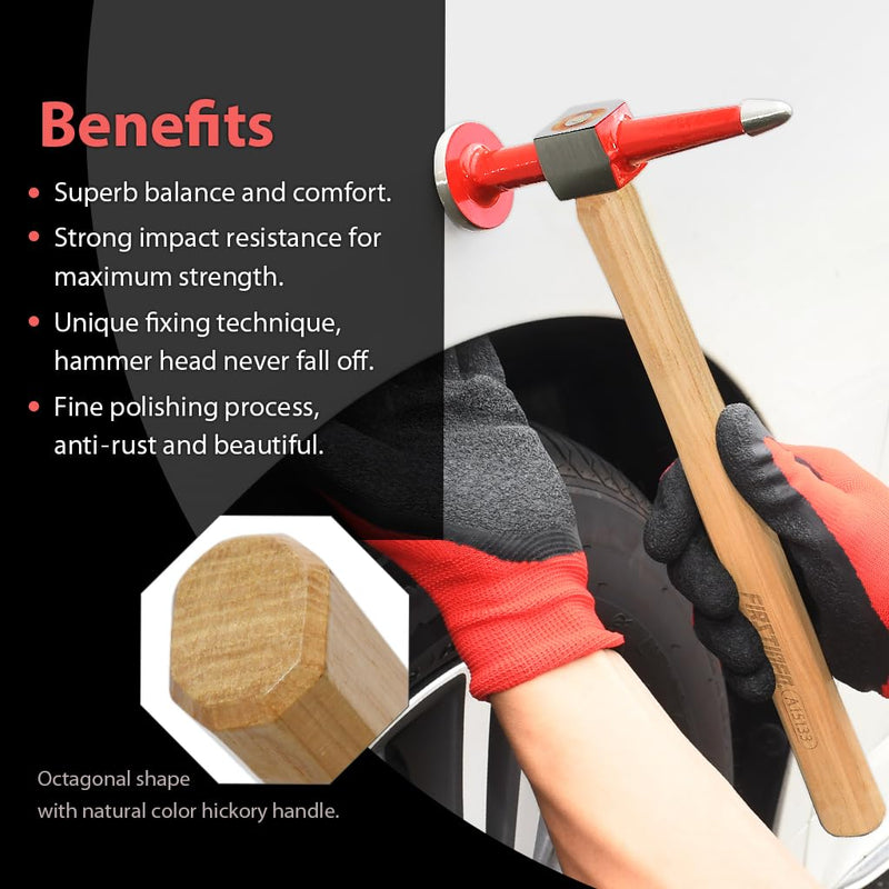 FIRSTINFO A15133 Straight Point Pick Finishing Auto Body Hammer Panel Beating with Hickory Handle, Weight 0.84 lbs.