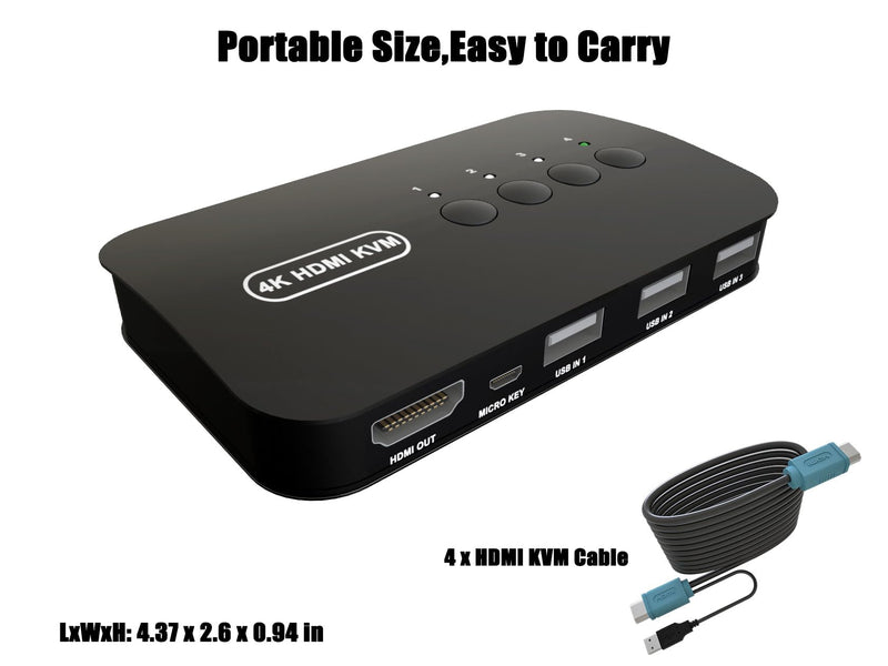 HDMI KVM Switch 4 Port -USB KVM for 4 Computers Share Keyboard Mouse Printer,Flash Drive,HD Monitor, Support 4K@30Hz, 4 HDMI KVM Cables 1 Desktop Controller Included HDMI 4p