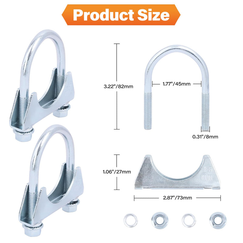 2 Pack 1.77" U Bolt Clamp Saddle-Style Muffler Exhaust Clamps on Tip Pipes 45 mm Steel U-Bolt Exhaust Pipe Clamps (1-3/4") 1-3/4"