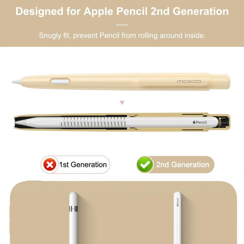 MoKo Holder Case Compatible with Apple Pencil 2nd Generation, Retractable Protective Apple Pencil Cover with Sturdy Clip, Hard PC Apple Pencil Case, Support Double-Tap, Beige