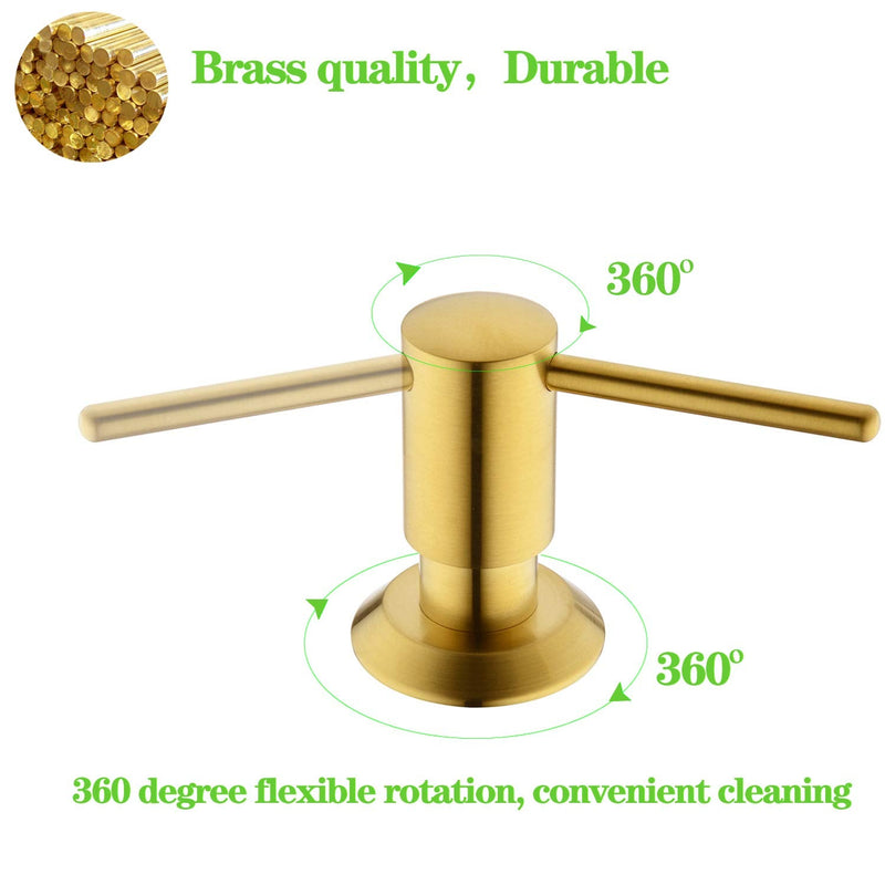 Gold Soap Dispenser for Kitchen Sink, Built in Soap Dispenser Brass, Brushed Gold Pump Head Liquid Lotion Kitchen Commercial with 500ml Bottle