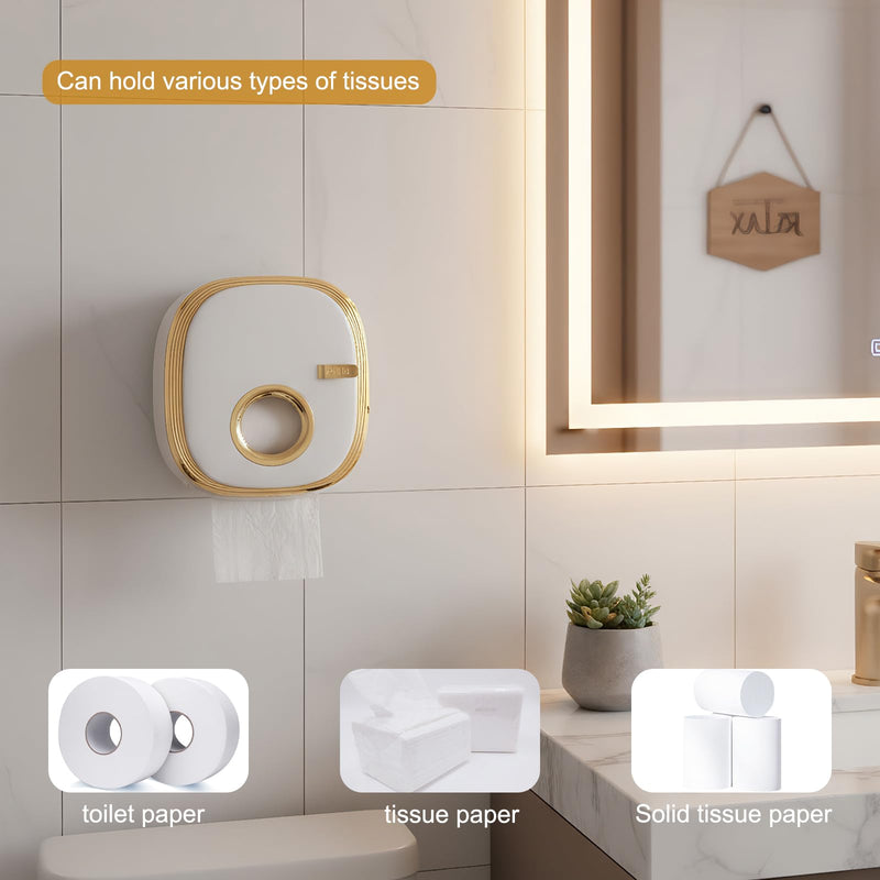 Adhesive Wall Mounted Toilet Paper Holder for Bathroom, Double Layer Space-Saving Organizer with Sealed Enclosed Design, No Drill Installation - White Gold