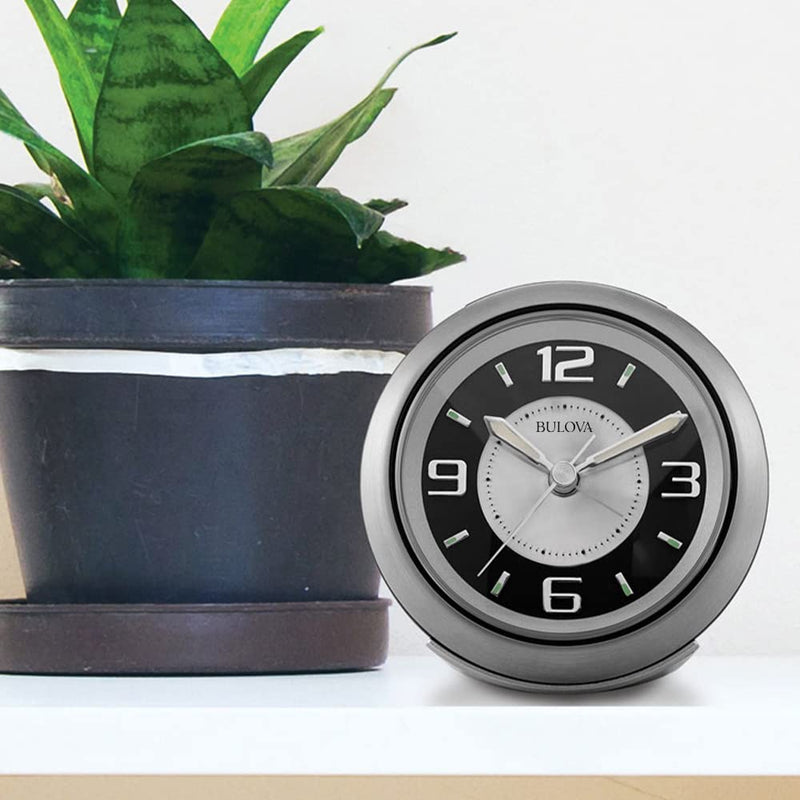Bulova - 3.75" W x 3.75" H B5027 Lite Night Alarm Clock | Brushed Silver-Tone Case | Illuminated Dial | Luminous Hands | Quiet Sweep | Snooze Function