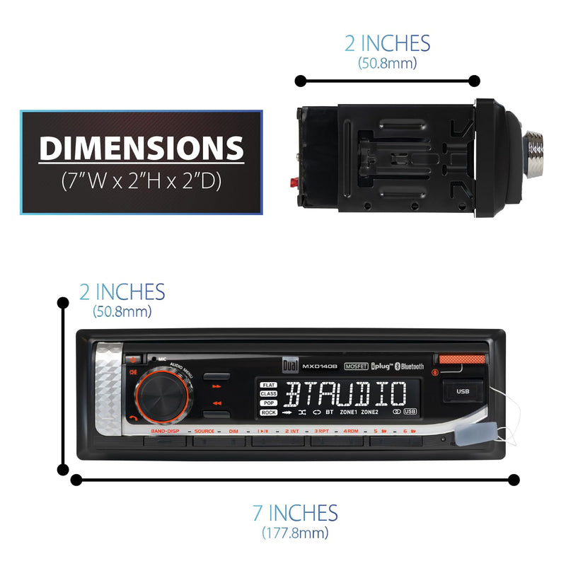 Dual Electronics MXD140B Marine Stereo with Built-in Bluetooth | Single DIN 8-Character Sunlight-Readable LCD Display | Weatherproof | AM/FM Stereo Receiver | USB Port with 2.1 A Charging | Black Marine Radio