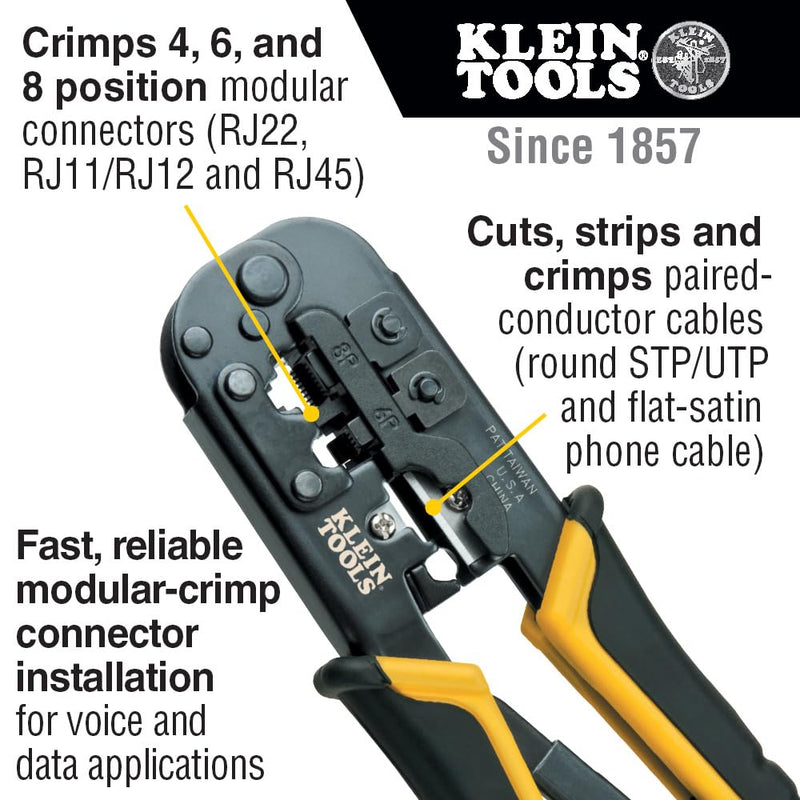 Klein Tools VDV226-817 Modular Installation Kit, Ratcheting Crimper/Stripper, RJ11/RJ45 Plugs, CAT5e Connector, for Voice/Data/Video