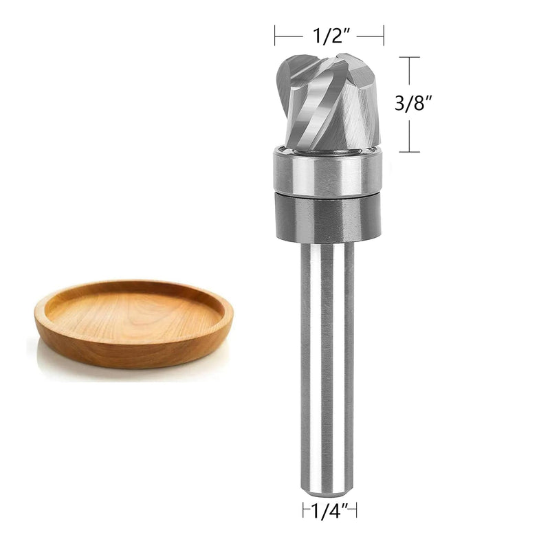 SpeTool Bowl and Tray Router Bit 1/4" Shank, 1/2" Dia 1/4" Radius 3/8" Height, 3-Flute Solid Carbide Pattern Flush Trim Router Bit, Round Nose for Wood Dish Bowl Carving 1/4"Radius 3/8"Height