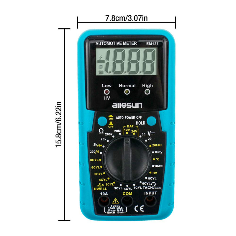 allsun Automotive Multimeter DMM DC Volt Ohm Temp Frequency Diode & Continuity Tester Automotive Diagnosis Tester Test RPM Dwell Angle