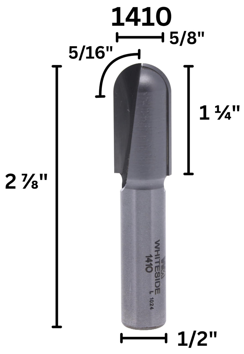 Whiteside 1410 Round Nose Router Bit: 5/8 Inch Cutting Diameter, 1/2 Inch Shank, 1-1/4 Inch Cutting Length, 5/16 Inch Radius