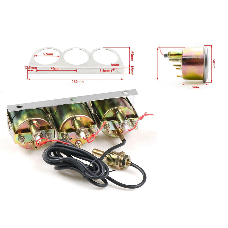 Triple Gauge Kit Oil/Volt/Water Gauge,2"/52mm Chrome Panel 3in1 Car Meter Oil Pressure Fahrenheit Water Temp Ammeter Triple Gauge Kit