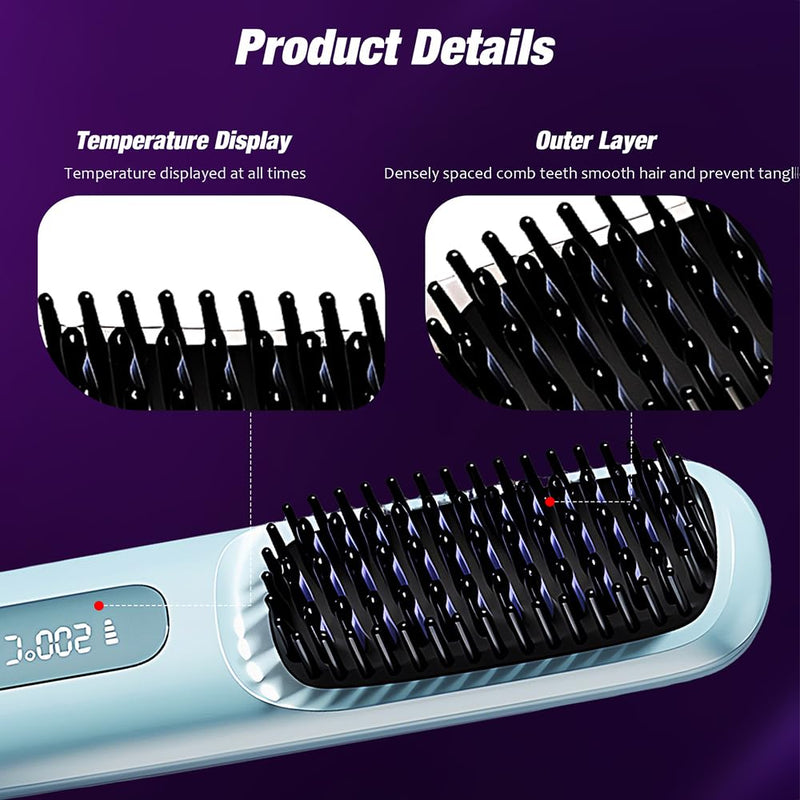  [AUSTRALIA] - GlowWave Heated Brush, 2026 Cordless Hair Straightener Brush, 3 Heat Settings & LED Screen Glowcept Heated Brush, Portable & Rechargeable Heated Styling Brushes for Travel & Everyday Use (Blue)