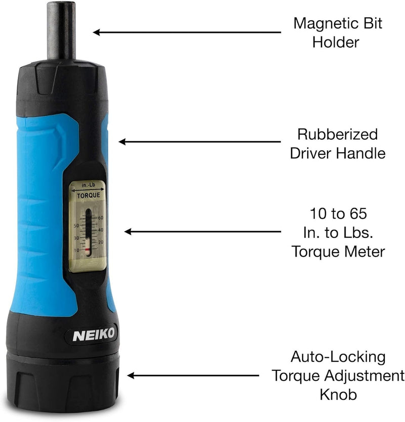 Neiko 10574A 1/4” Drive Torque Wrench Screwdriver Set | 30 Pieces of S2 Steel Philips, Hex, Slotted, and Torx Bits | 10 to 60 Inch-Pounds Torque Adjustment Range | Firearms Accurizing and Gunsmithing