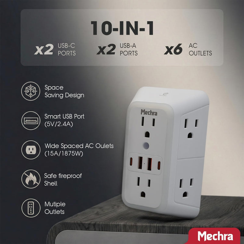 10-in-1 Wall Outlet Extender with Night Light, 3-Sided Multi Plug Surge Protector (1050J), 6 Wide Spaced AC Outlets & 4 USB Ports, Wall Mount Wall Charger for Home, Office, School & Travel White Standard