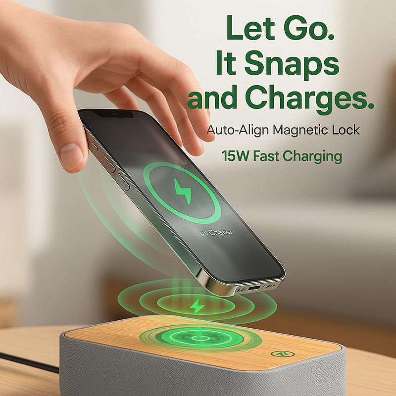 REACHER 15W Fast Magnetic Wireless Charging Alarm Clock with White Noise Machine, Woodgrain Style, 20 High‑Fidelity Sounds, Gradual Wake & Snooze, 0–100% Dimmable Digital Clock, Bedroom & Office Wood Grain