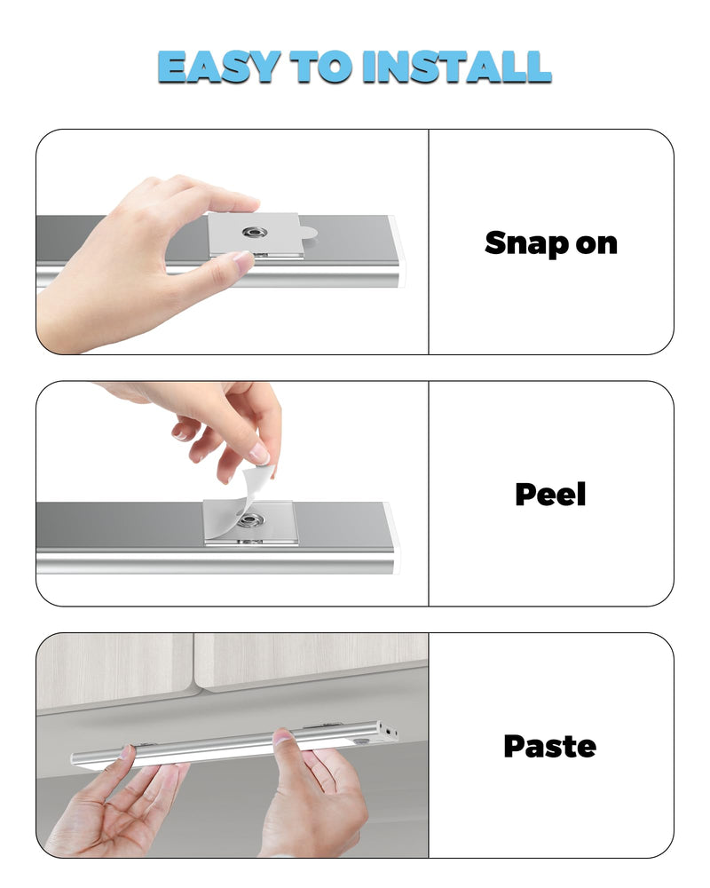 ASOKO Under Cabinet Lights Motion Sensor Light Indoor 2500mAh Rechargeable LED Closet Lights Battery Operated Under Counter Lights for Kitchen Cabinet Lighting Wireless(White,3Pack-12inch) Silver-White Light 3 Pack-12inch