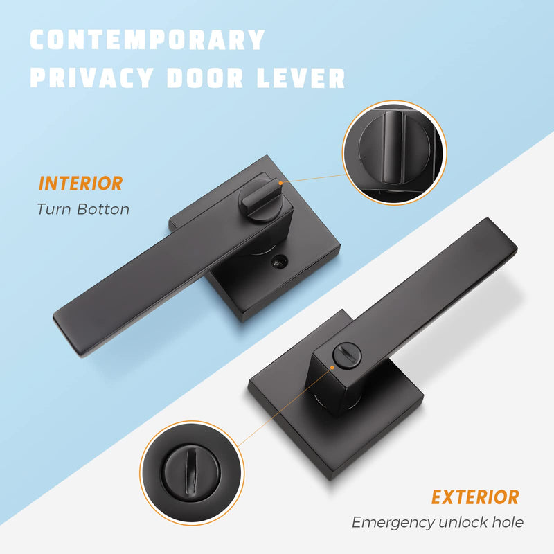 KNOBWELL 6 Pack Door Handles Black, Privacy Door Lever Bed and Bath Leverset Lockset, Left or Right Handing, Matte Black Finish 2.07 lb One Lever Privacy(With Lock)