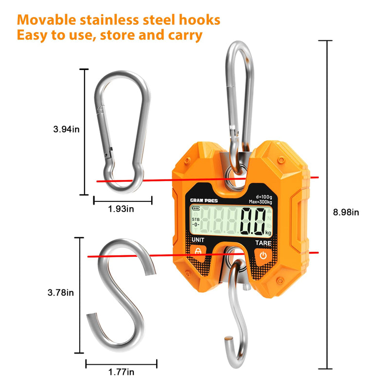 GRAM PRES Digital Hanging Scale - 660LB/300KG, Mini Crane Scale for Deer Hunting, Farm, Fishing, Meat, Game, Luggage, Outdoor