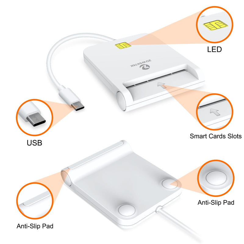 ZOWEETEK CAC Reader Military, USB C CAC Reader, CAC Reader for Mac OS/Windows/Linux, Compatible with Military Common Access Card (White) White