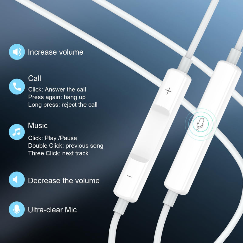 USB C Earbuds for iPhone 17 16 15, 2 Pack Wired with Mic and Remote | USB-C wired earbuds 2-pack with mic and remote for iPhone 17/16/15 and Galaxy, noise isolating for clear calls and sound.