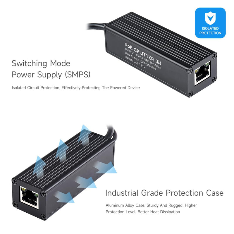 Waveshare Industrial Gigabit PoE Splitter, 5V 5A Type-C Output Port, Onboard MPS Control Chip