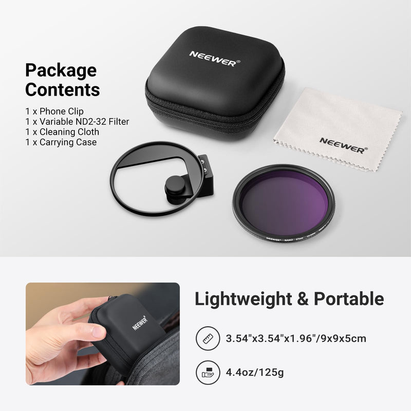 NEEWER 67mm Variable ND Filter & Threaded Phone Clip Set, Adjustable ND2-32 HD Neutral Density Mobile Photography Accessories, Compatible with iPhone 17 Pro Max Samsung S26 Ultra