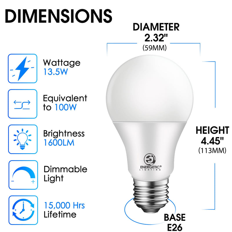 Energetic 12-Pack A19 LED Bulb 100W Cool White 4000K Dimmable Light Bulbs, 13.5W 1600lm CRI80+, 15000Hrs, ETL Listed 4000k Natural White