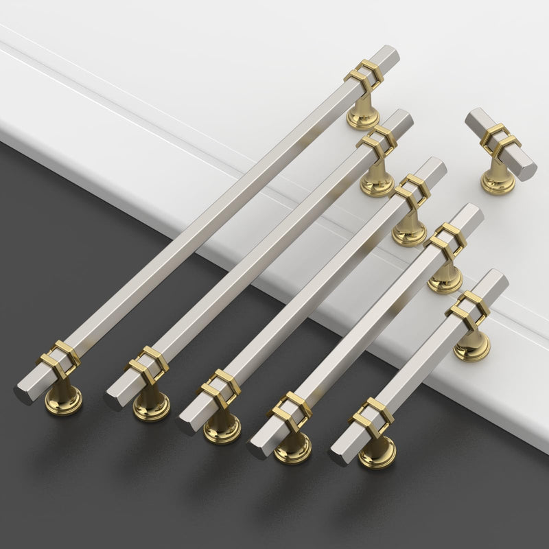 Amerdeco 10 Pack Brushed Satin Nickel and Gold Cabinet Knobs Single Hole Cabinet Drawer Knobs for Bathroom Cabinets ZH0091