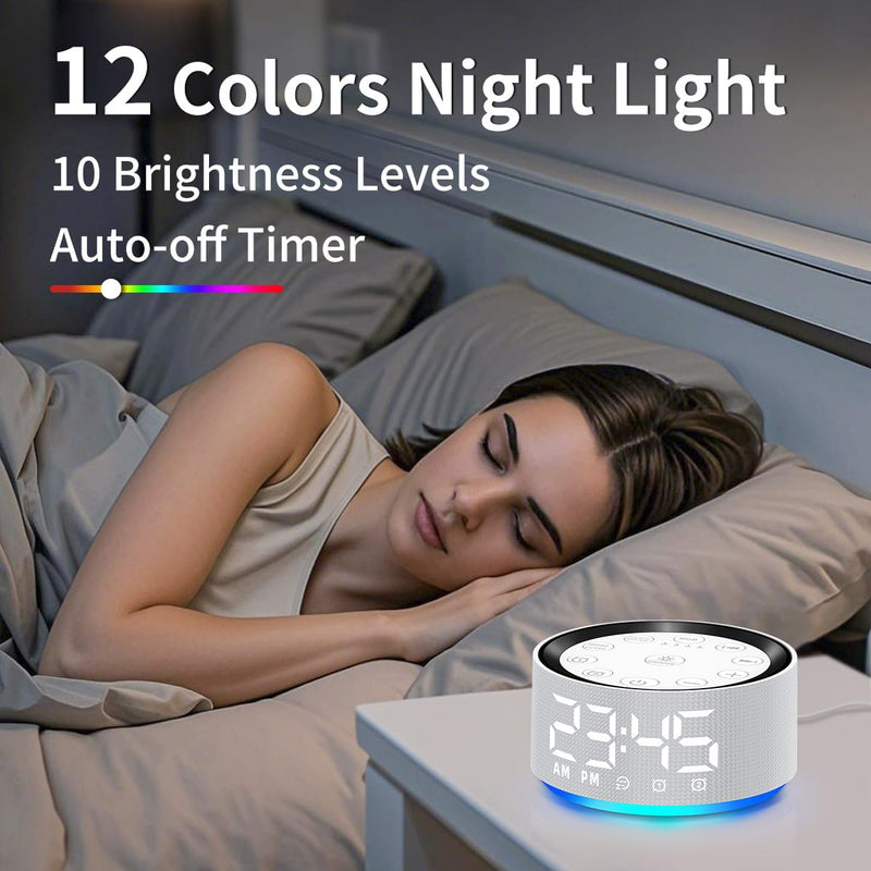 Alarm Clock Sound Machine White Brown Noise Machine with 30 Sleeping Sounds for Baby Kids Adults Night Light Bedroom 2 Alarms Backup Battery 32-Level Vol 15 Wake up Sounds for Mild Heavy Sleeper Grey