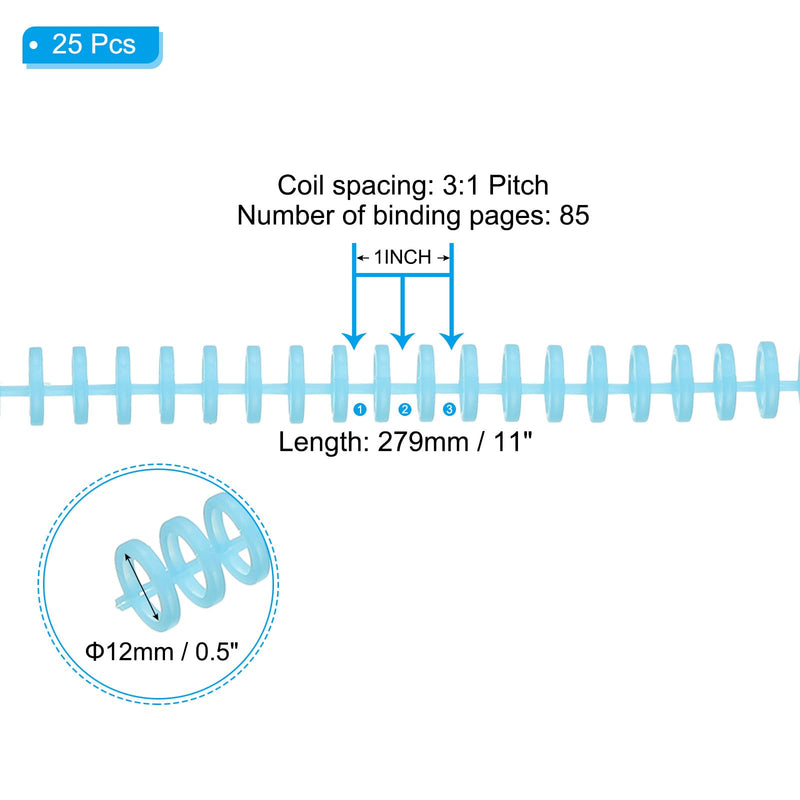 PATIKIL 12mm(1/2") Plastic Spiral Binding Coils, 25 Pcs Binding Spirals 85 Sheet Capacity 3:1 Pitch Binding Spirals for Binding Paper Sheets, Sky Blue